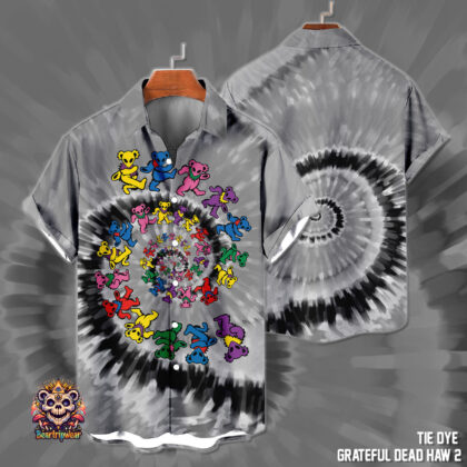 Retro Bear Tie-Dye Hawaiian Shirt – Polyester-Spandex, Regular Fit, Unisex