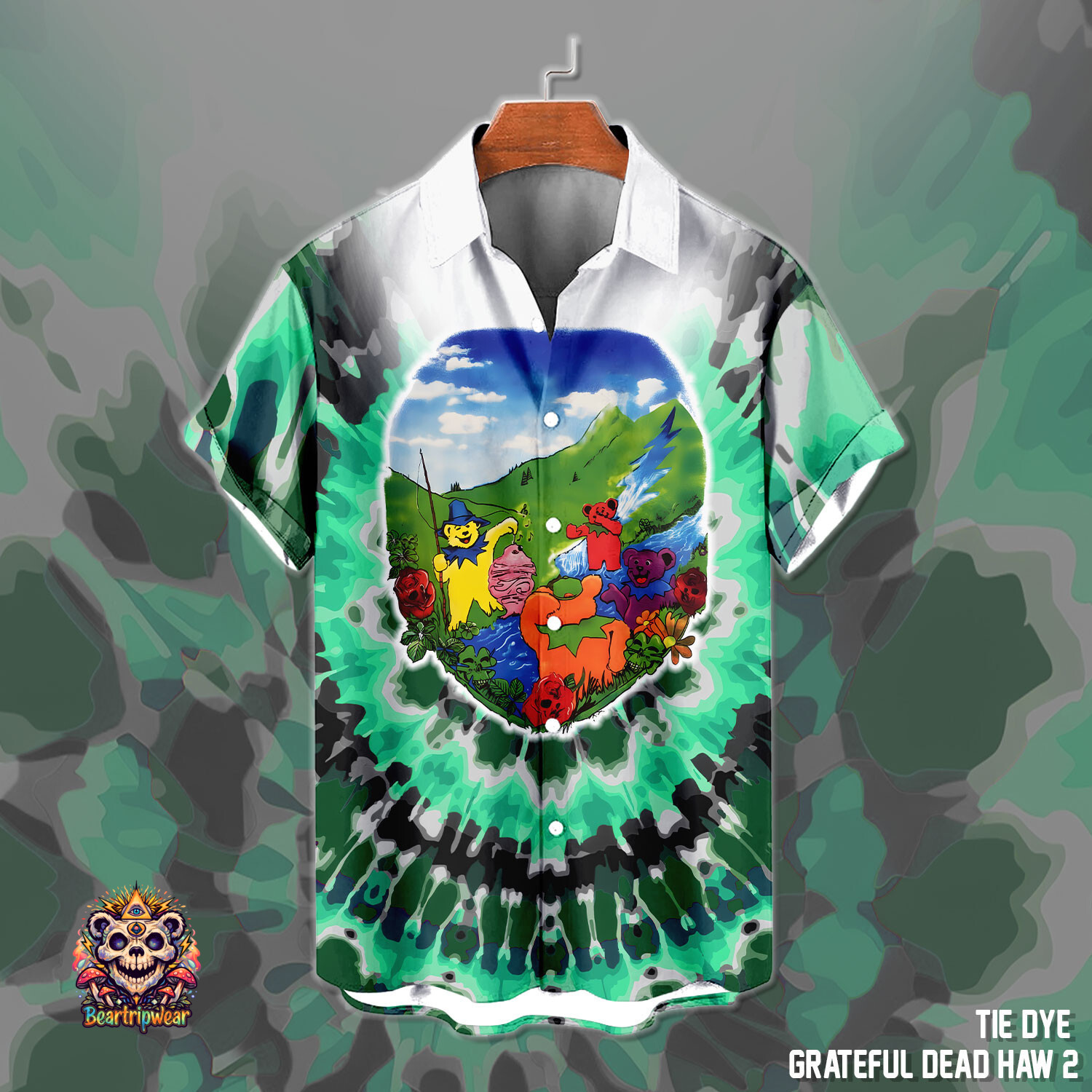 Men's Women's Tie-Dye Hawaiian Shirt – Retro Bear Vintage Music Style – Polyester Spandex - Image 2