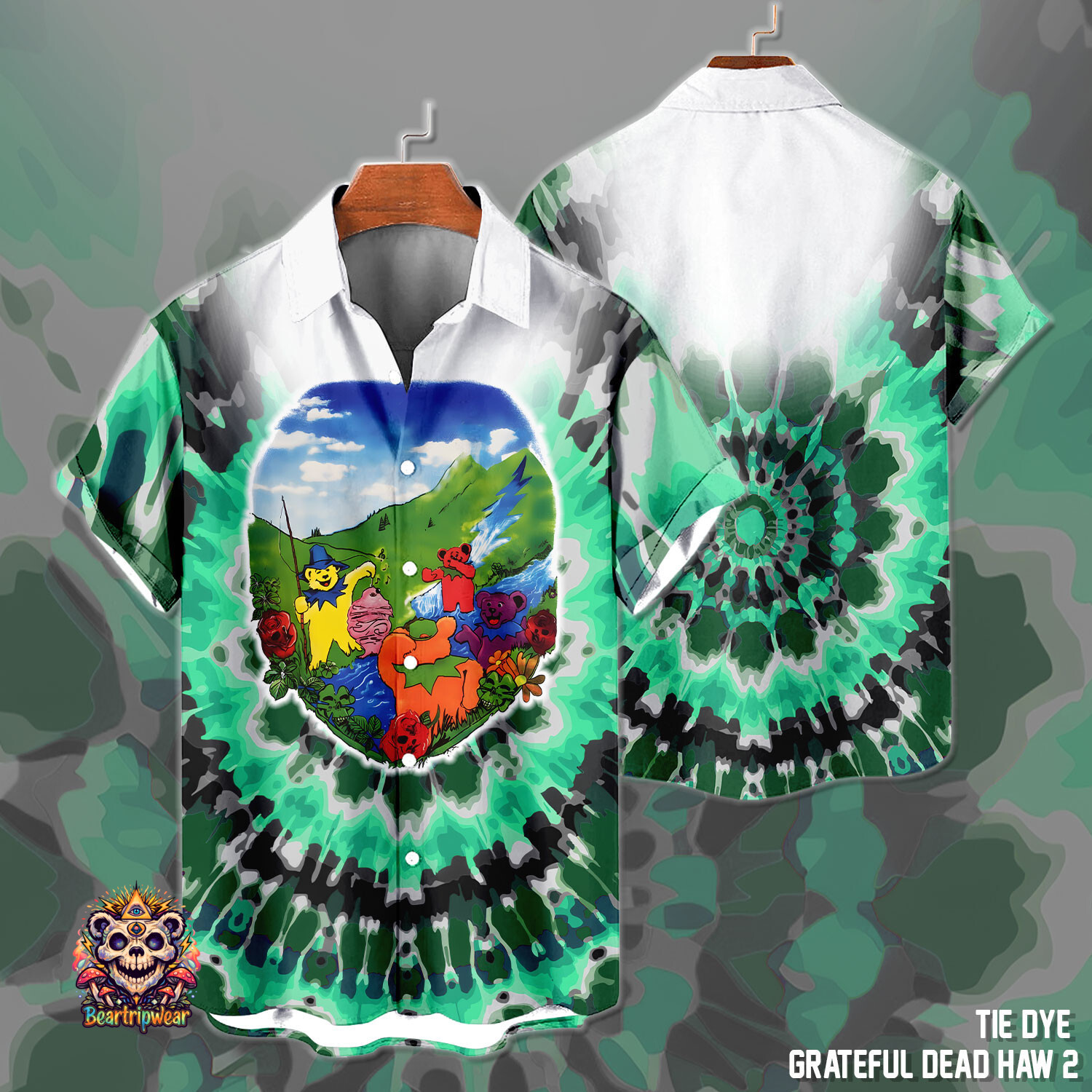 Men's Women's Tie-Dye Hawaiian Shirt – Retro Bear Vintage Music Style – Polyester Spandex