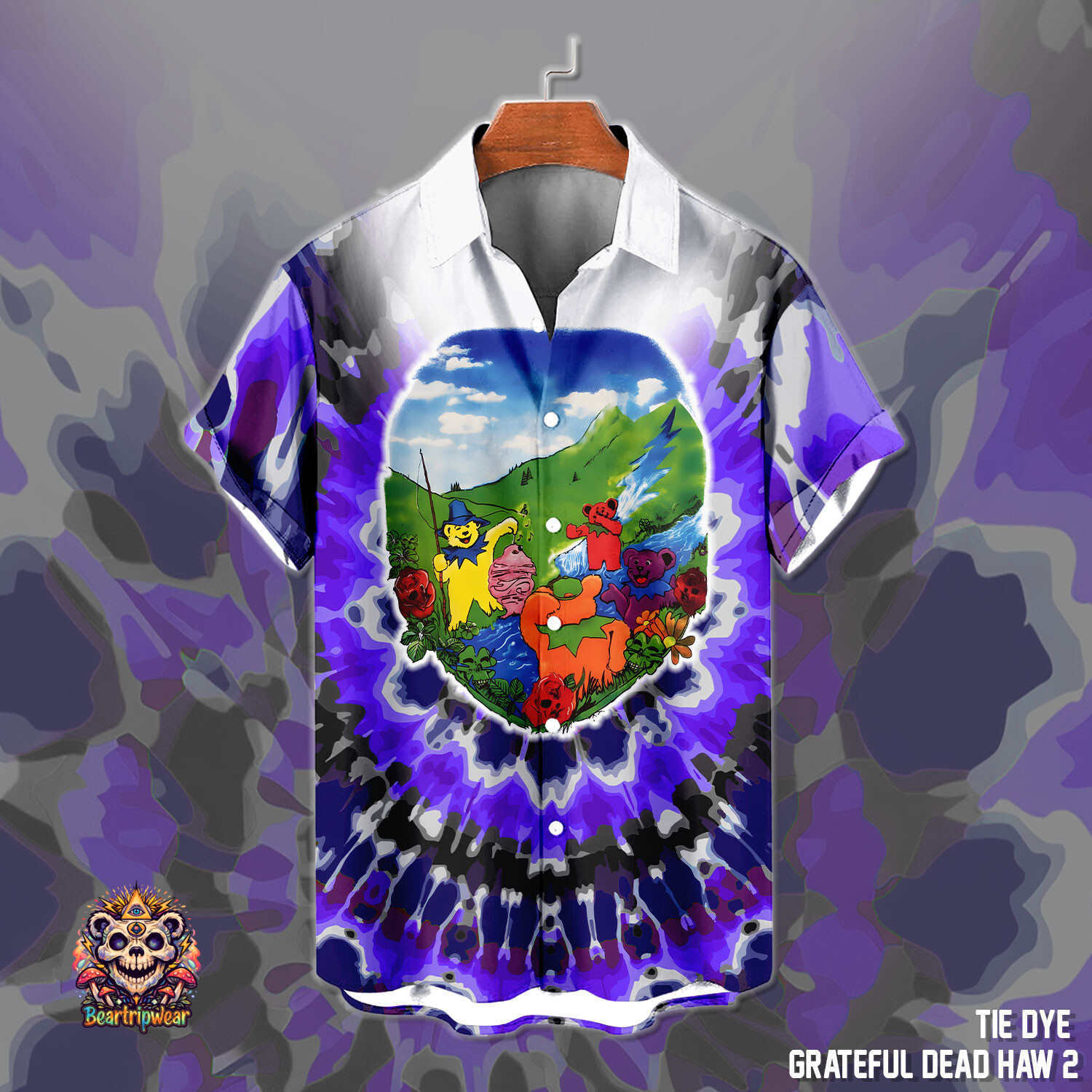 Retro Bear Tie-Dye Hawaiian Shirt for Men and Women – Dark Pu – 95% Polyester 5% Spandex - Image 2