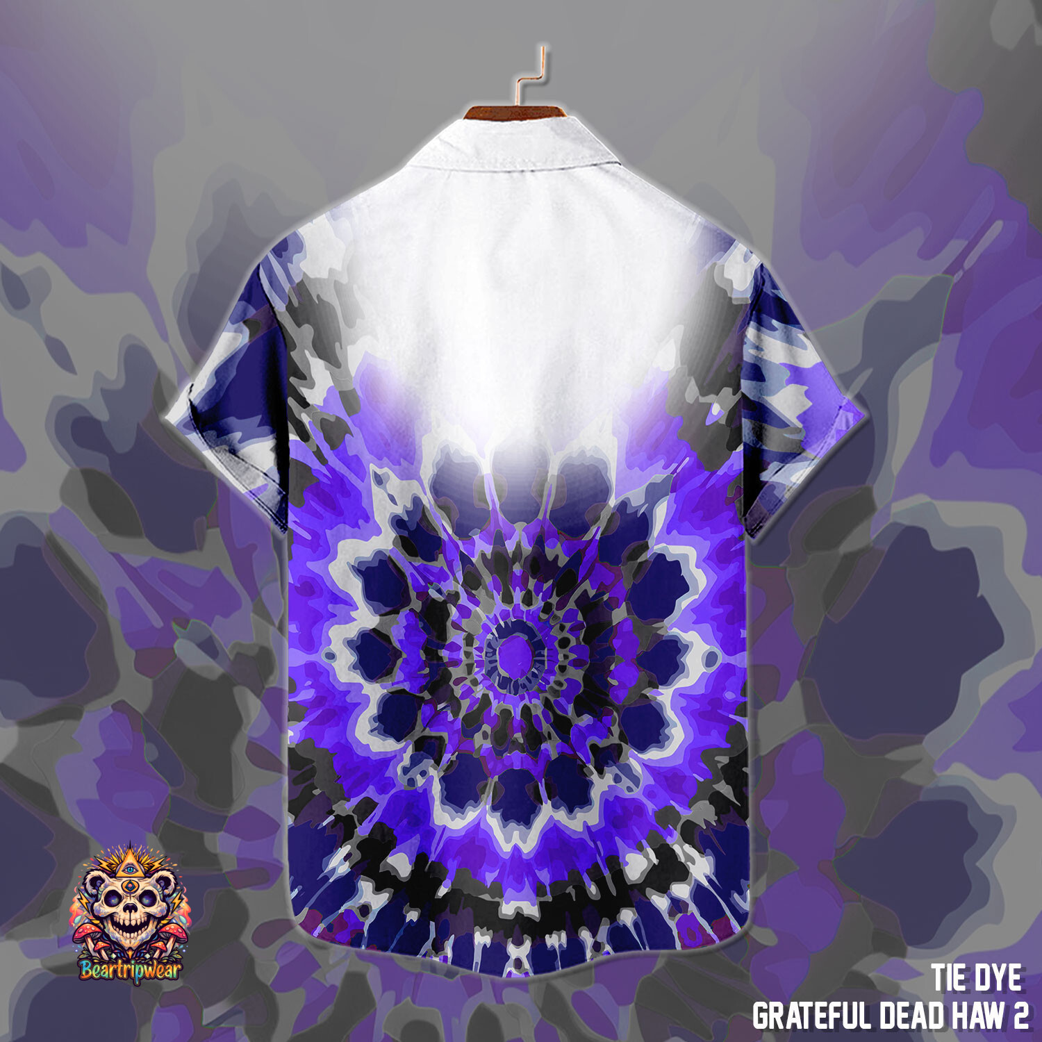 Retro Bear Tie-Dye Hawaiian Shirt for Men and Women – Dark Pu – 95% Polyester 5% Spandex - Image 3