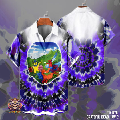 Retro Bear Tie-Dye Hawaiian Shirt for Men and Women – Dark Pu – 95% Polyester 5% Spandex